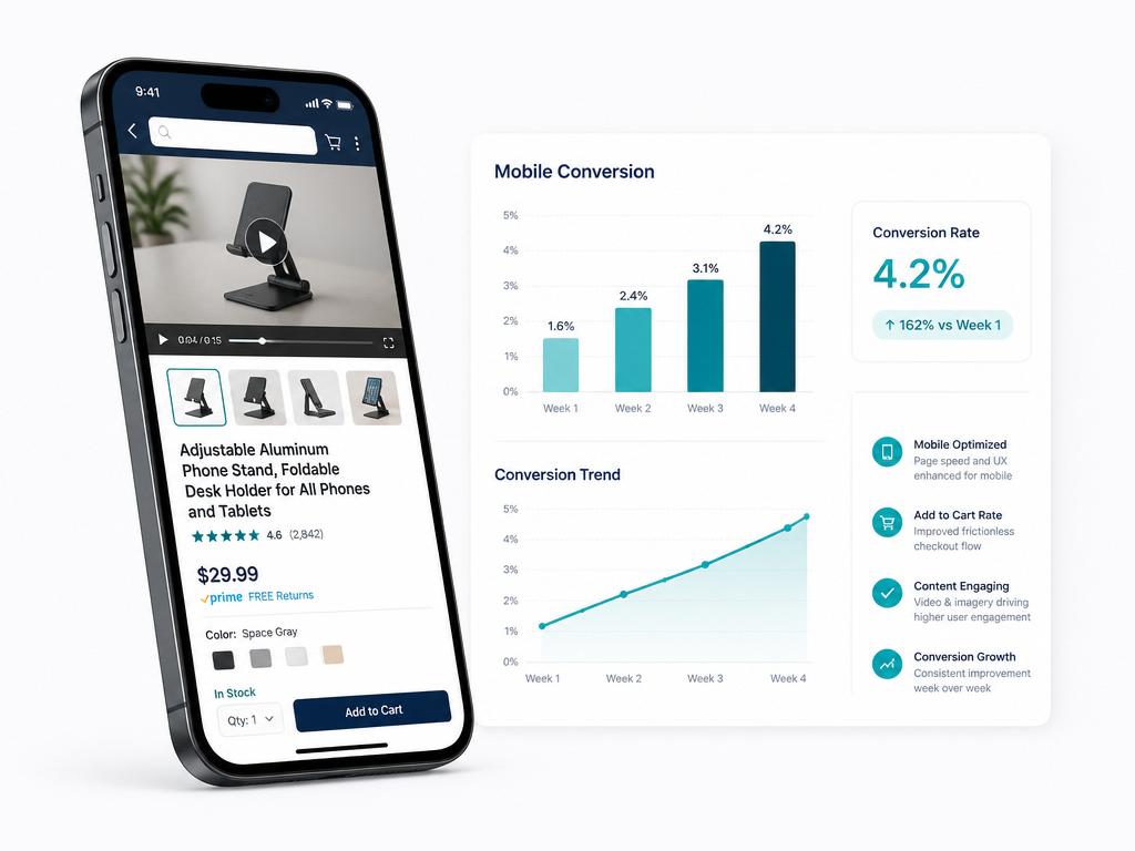 Mobile Amazon listing audit mockup showing a product video inside an iPhone frame next to conversion analytics charts